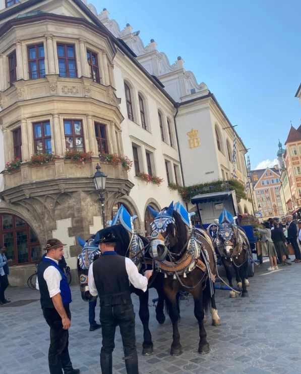 A group of horses pulling a carriage in front of a building.