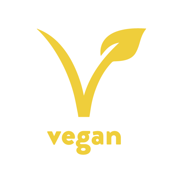A yellow v with a leaf and the word vegan below it