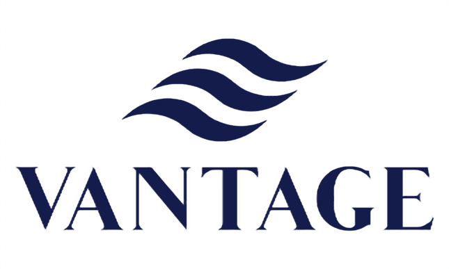 A blue and white logo for vantage airlines