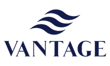 A blue and white logo for vantage airlines