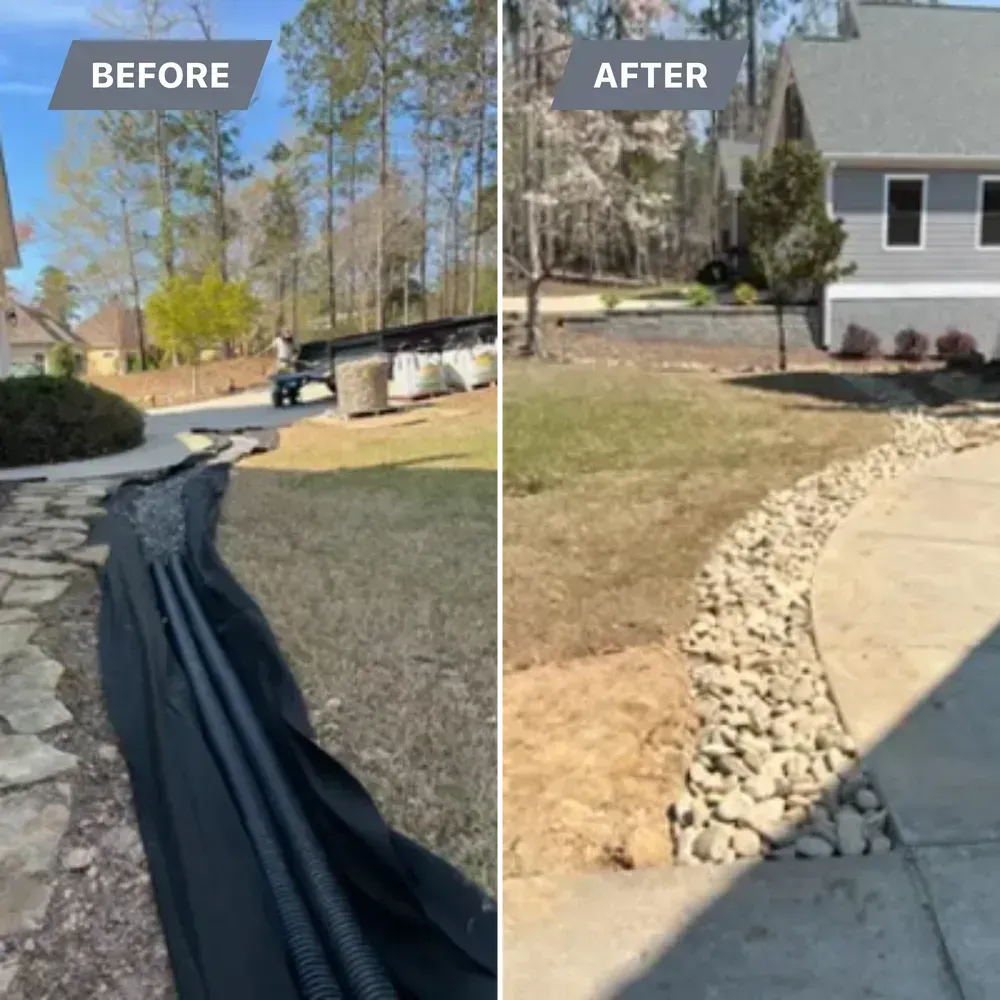 Before-and-after yard drainage repair: black geotextile trench replaced with rock-filled edging beside a house.
