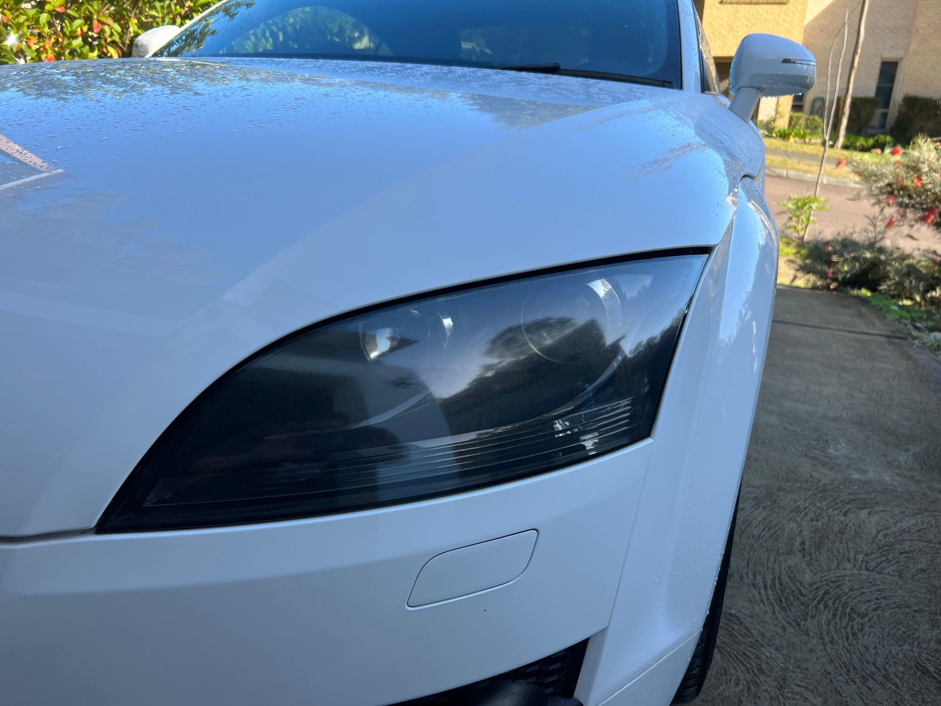 Close-up Of a White Car’s Front Headlight and Bumper in a Driveway — Car Detailing Mobile Cleaning Co In Wauchope, NSW