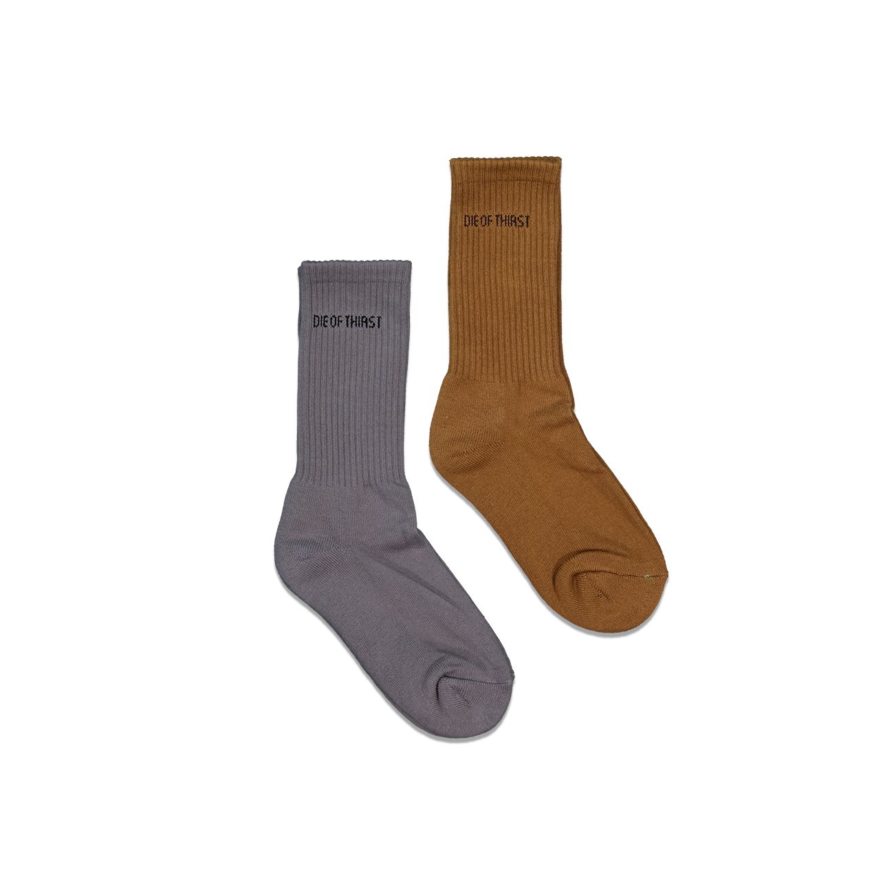 Pair of socks: one black, one white, each with small text on the cuff.