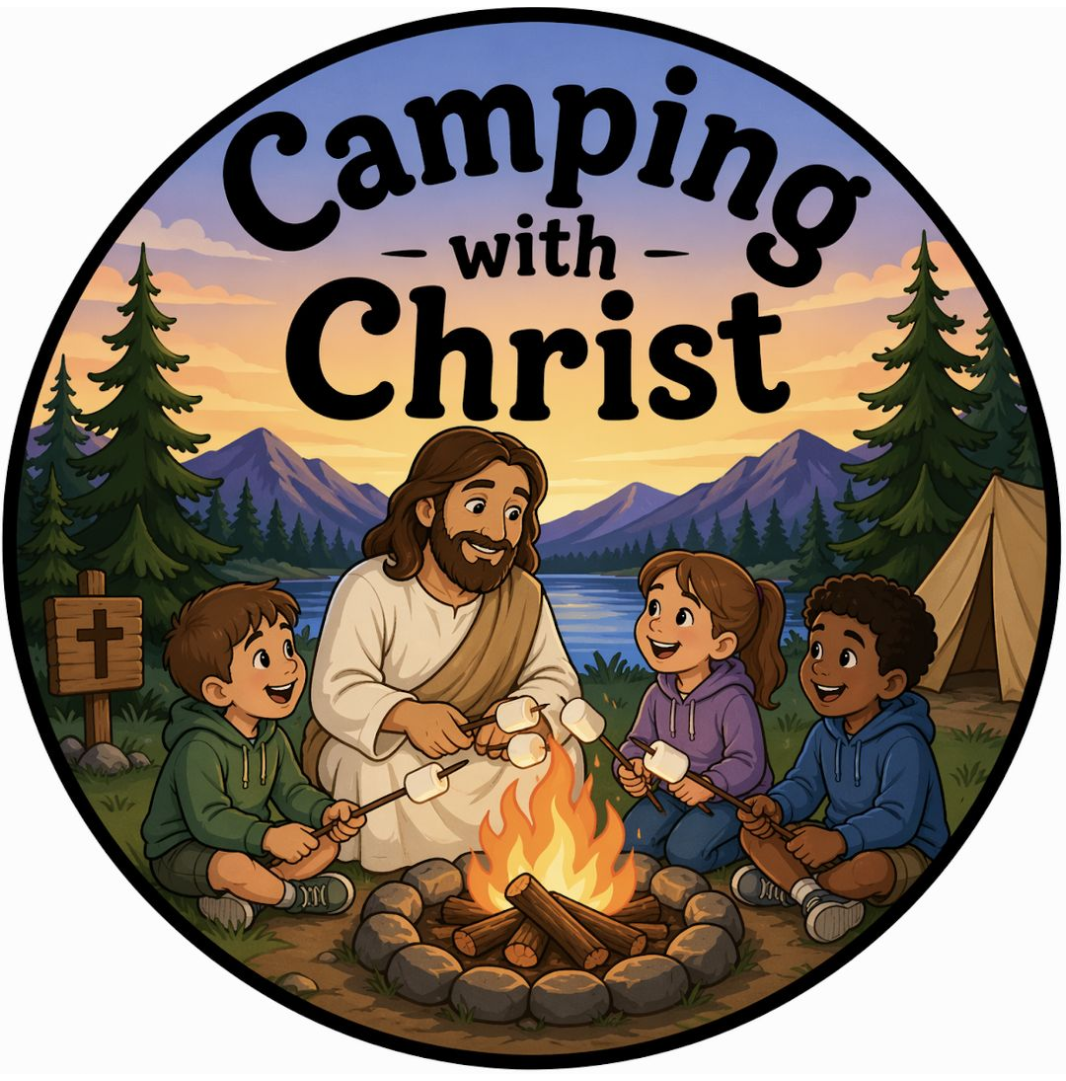 Camping with Christ logo: Jesus and children around a campfire in a mountain forest at sunset