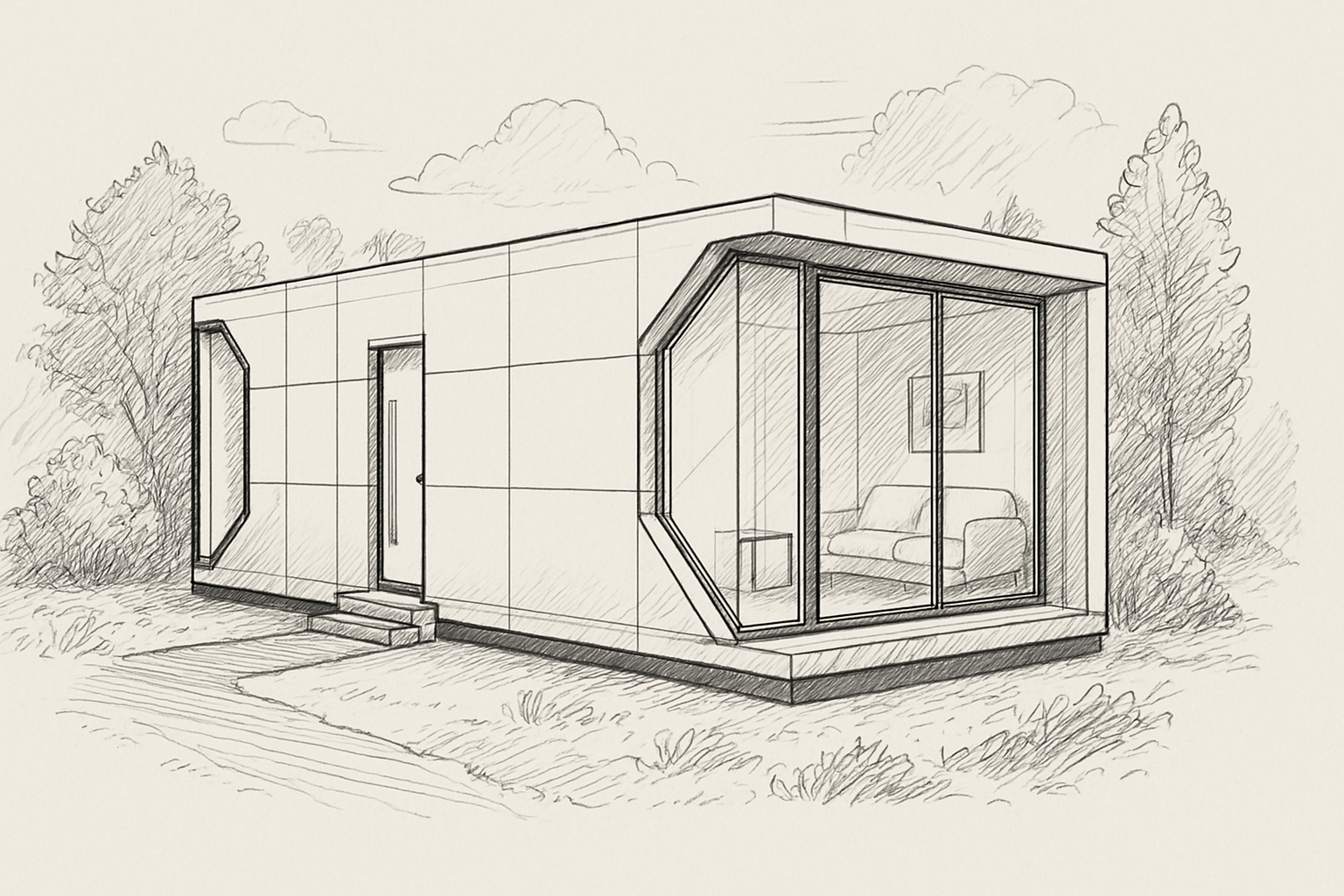 A black and white drawing of a house with stairs.