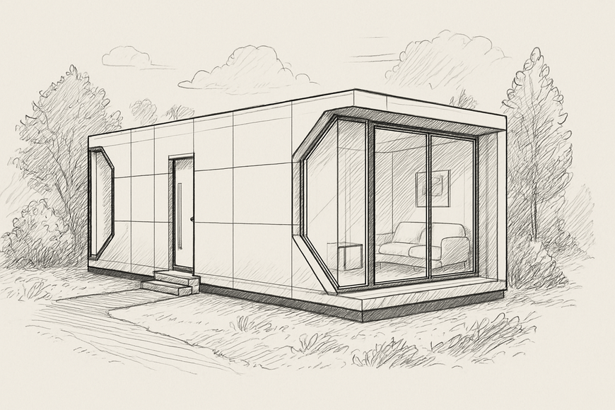 A black and white drawing of a house with stairs.