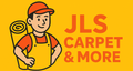A worker in orange shirt and yellow overalls carries a rolled carpet; "JLS Carpet & More" text on yellow background.