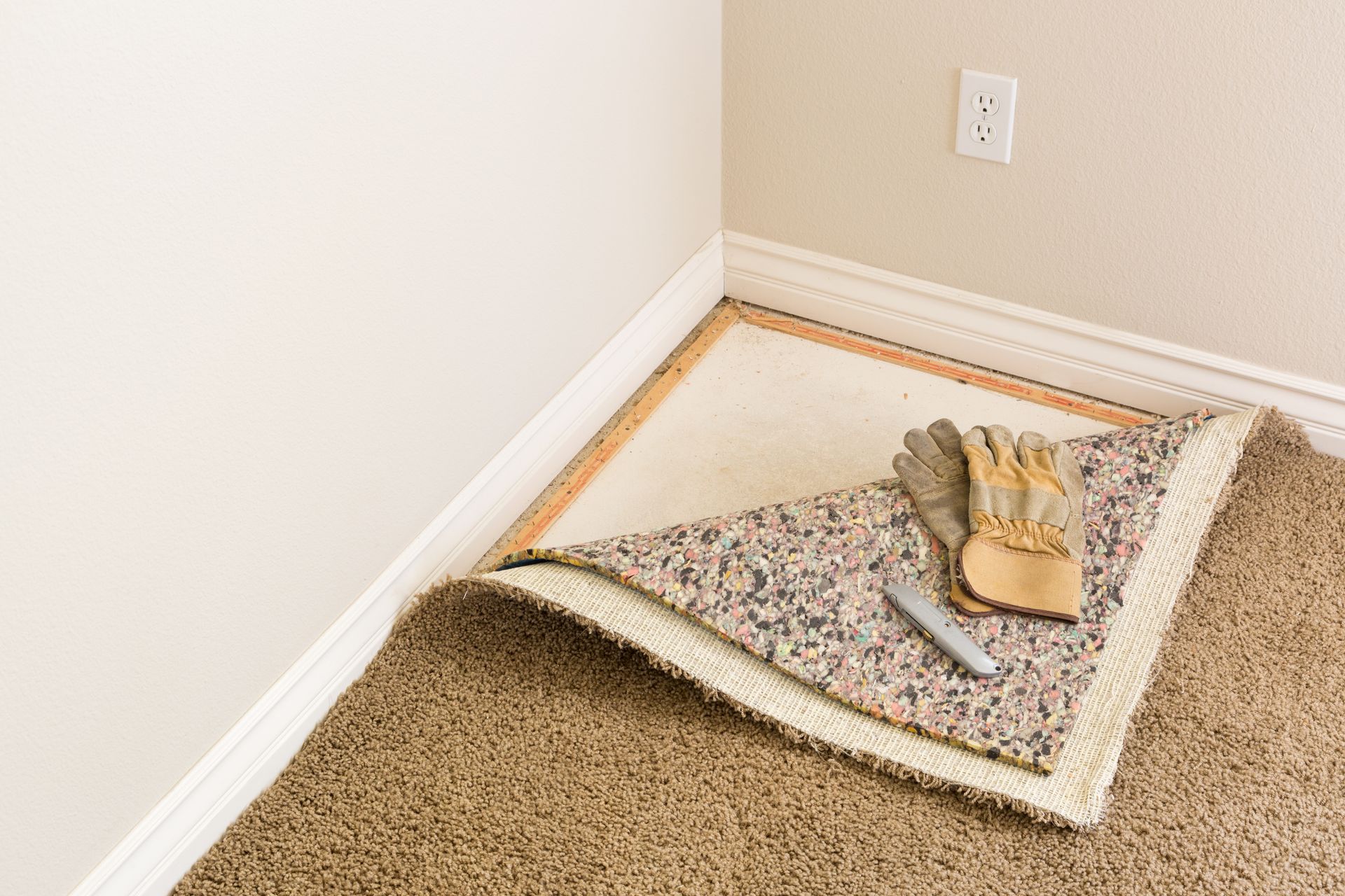 Removing carpet in a room; a section of carpet rolled back, exposing padding and tack strips.