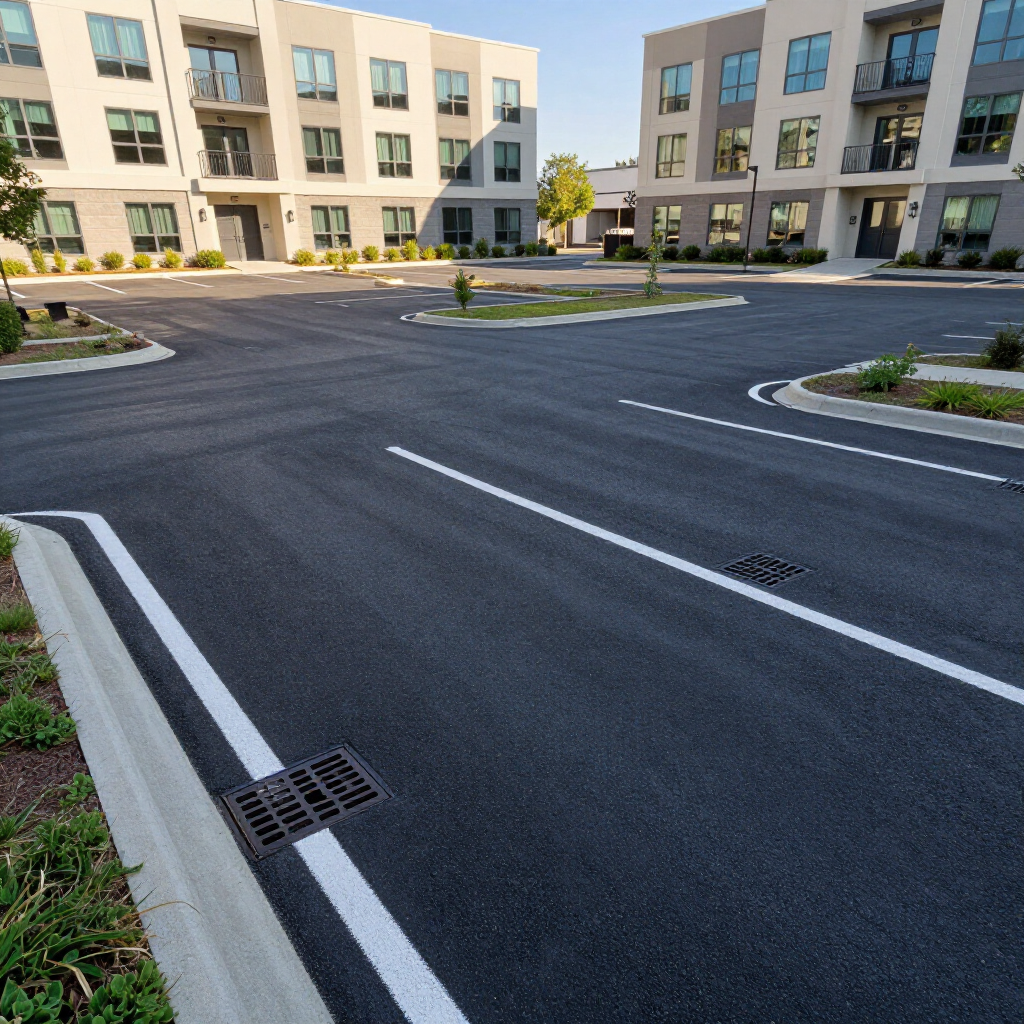 Empty parking lot with freshly paved asphalt, white lane markings, and drainage grates between two modern apartment buildings.