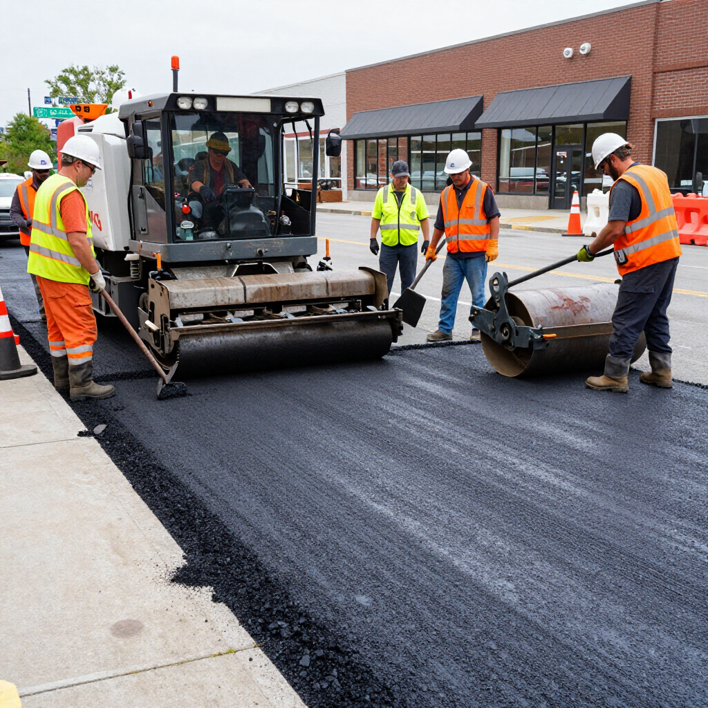 Construction crew members wearing safety vests and hard hats operate paving machinery to resurface a city street.