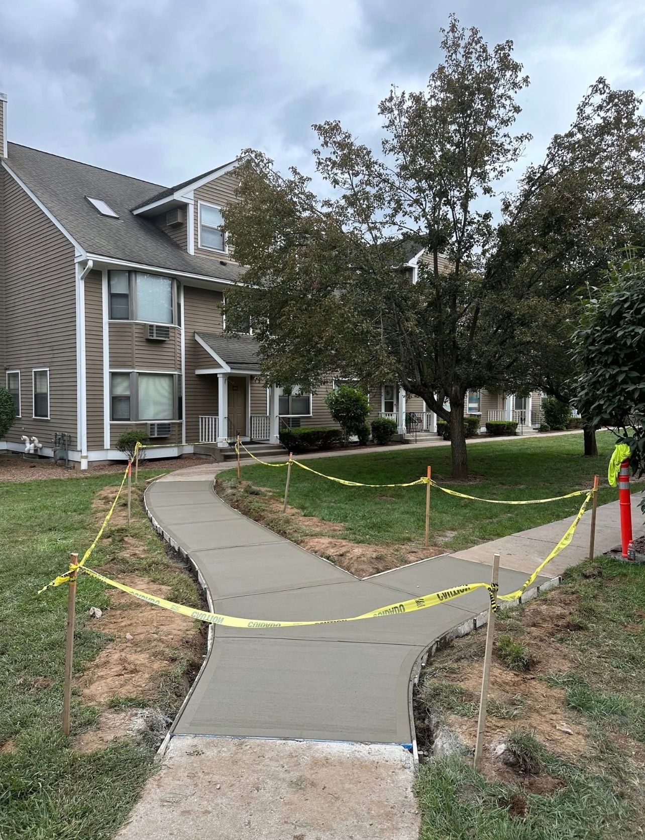 Workers operate an asphalt paver to pave a driveway alongside trees in a parking lot.
