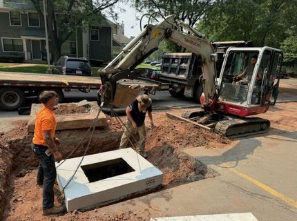 A dump truck parked beside a brick building marked 