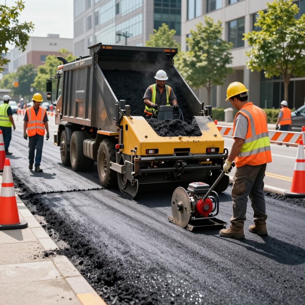 Construction workers in high-visibility vests pave a city street using a dump truck and a walk-behind asphalt saw.