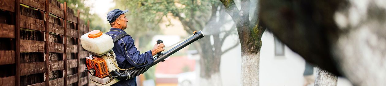 A person in blue spraying a tree with a fogger near a fence.