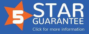 5-star guarantee badge, orange star, white text on blue background. 