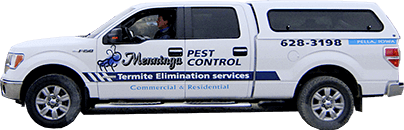 White pest control truck with company logo and phone number.