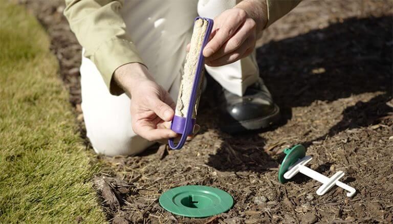 Person placing bait station in a garden bed; includes green and purple plastic parts.