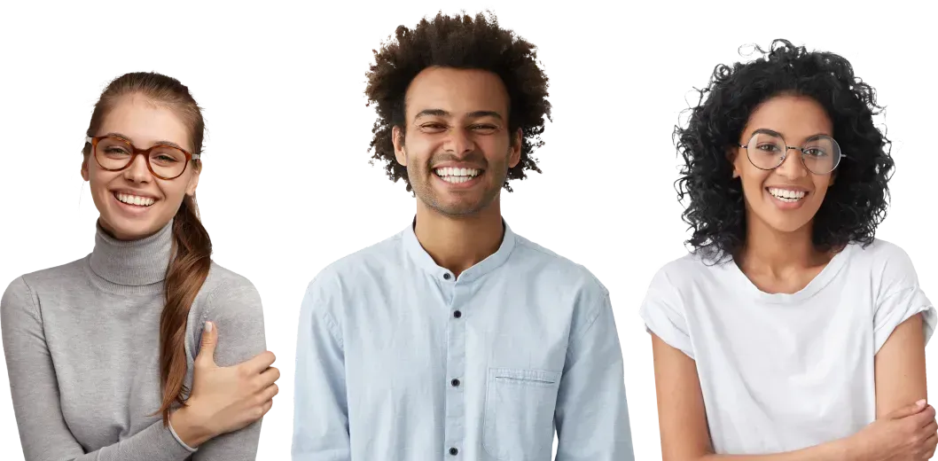 Three smiling people: woman in glasses and turtleneck, man with afro, woman in glasses and t-shirt.