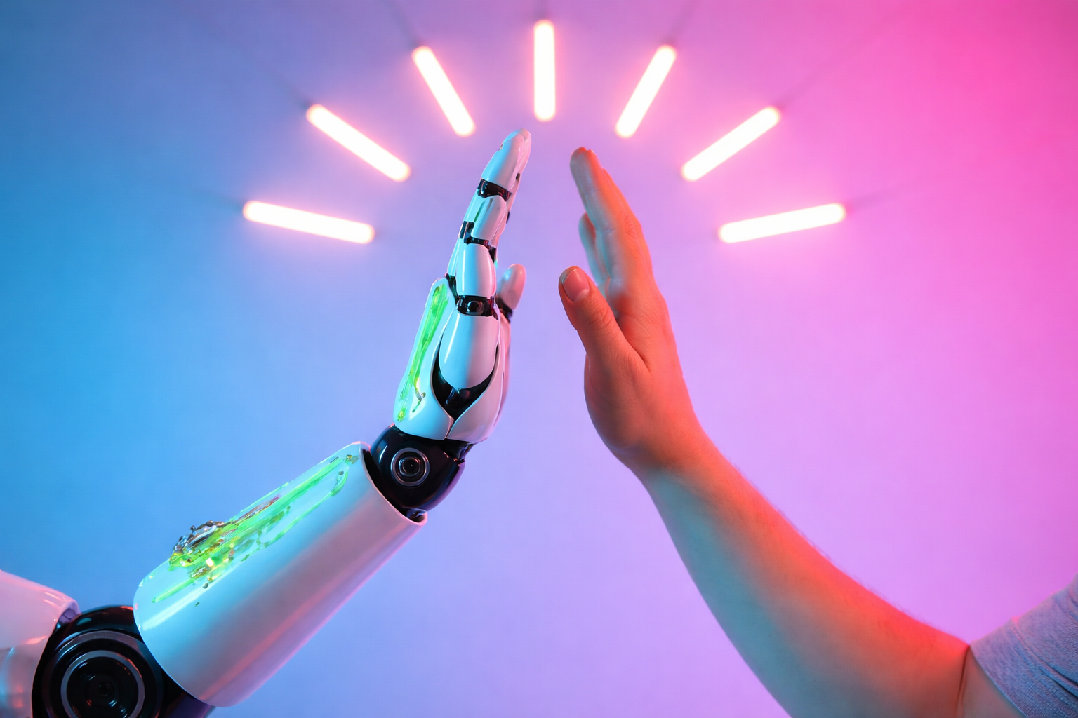 Robot arm high-fiving human hand against a blue and pink backdrop with glowing lights.