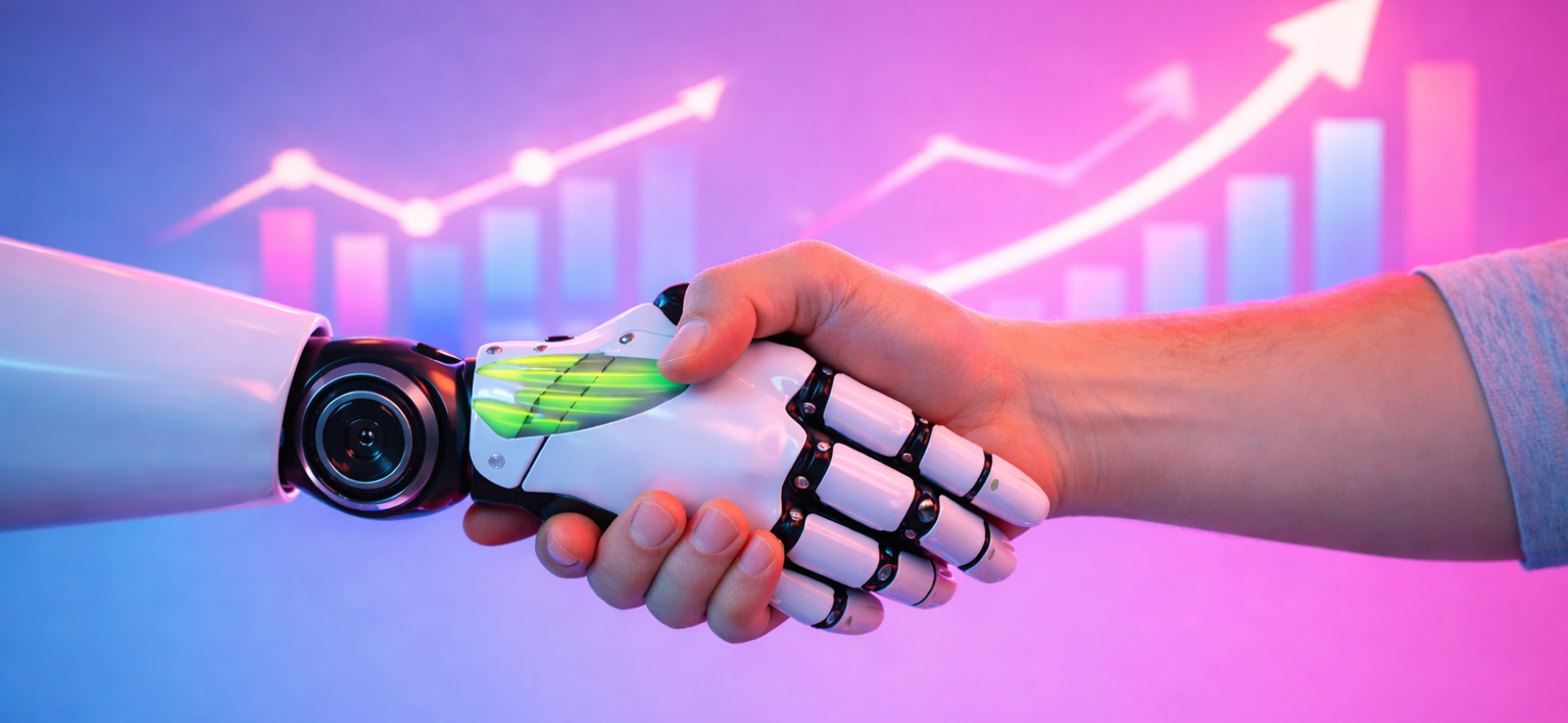 Robot and human hands shaking, with an upward-trending graph in the background, neon blue and pink colors.