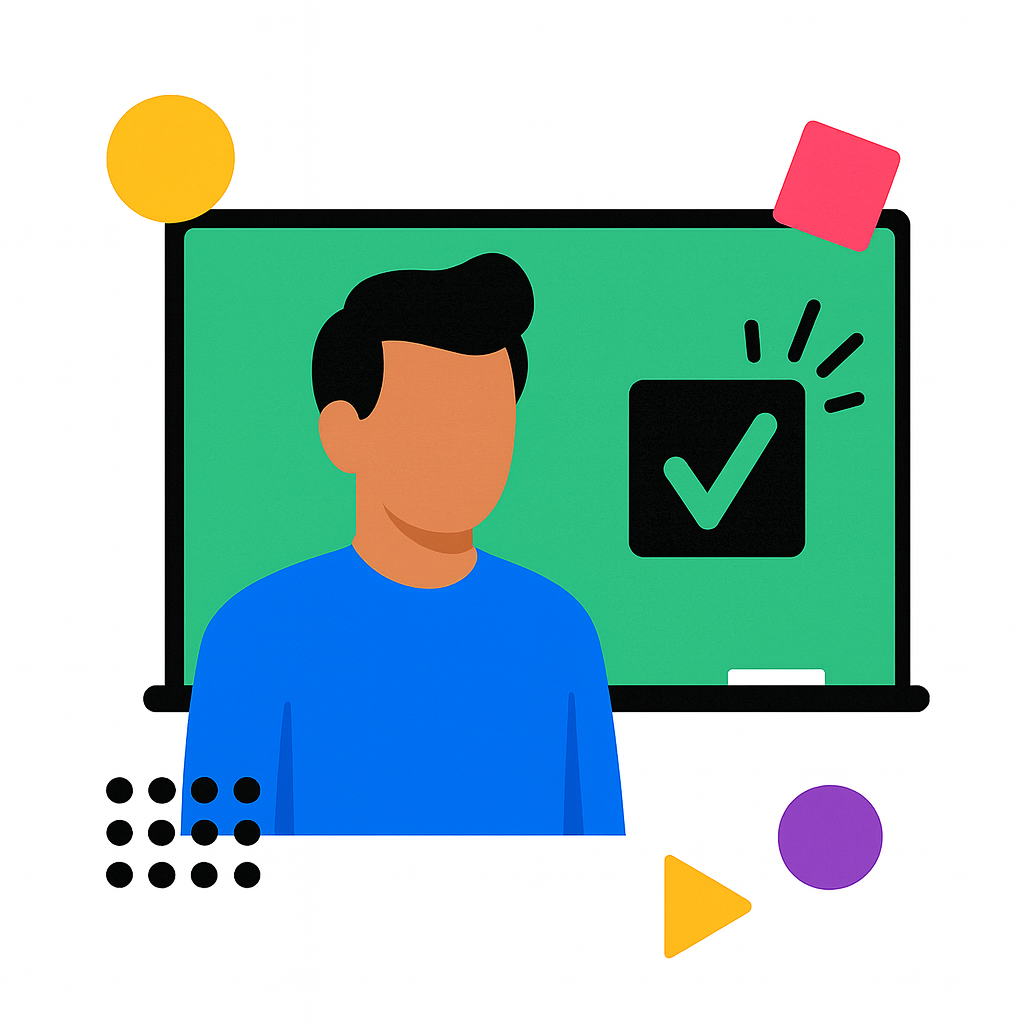 Teacher in blue shirt in front of a green chalkboard with a checkmark.