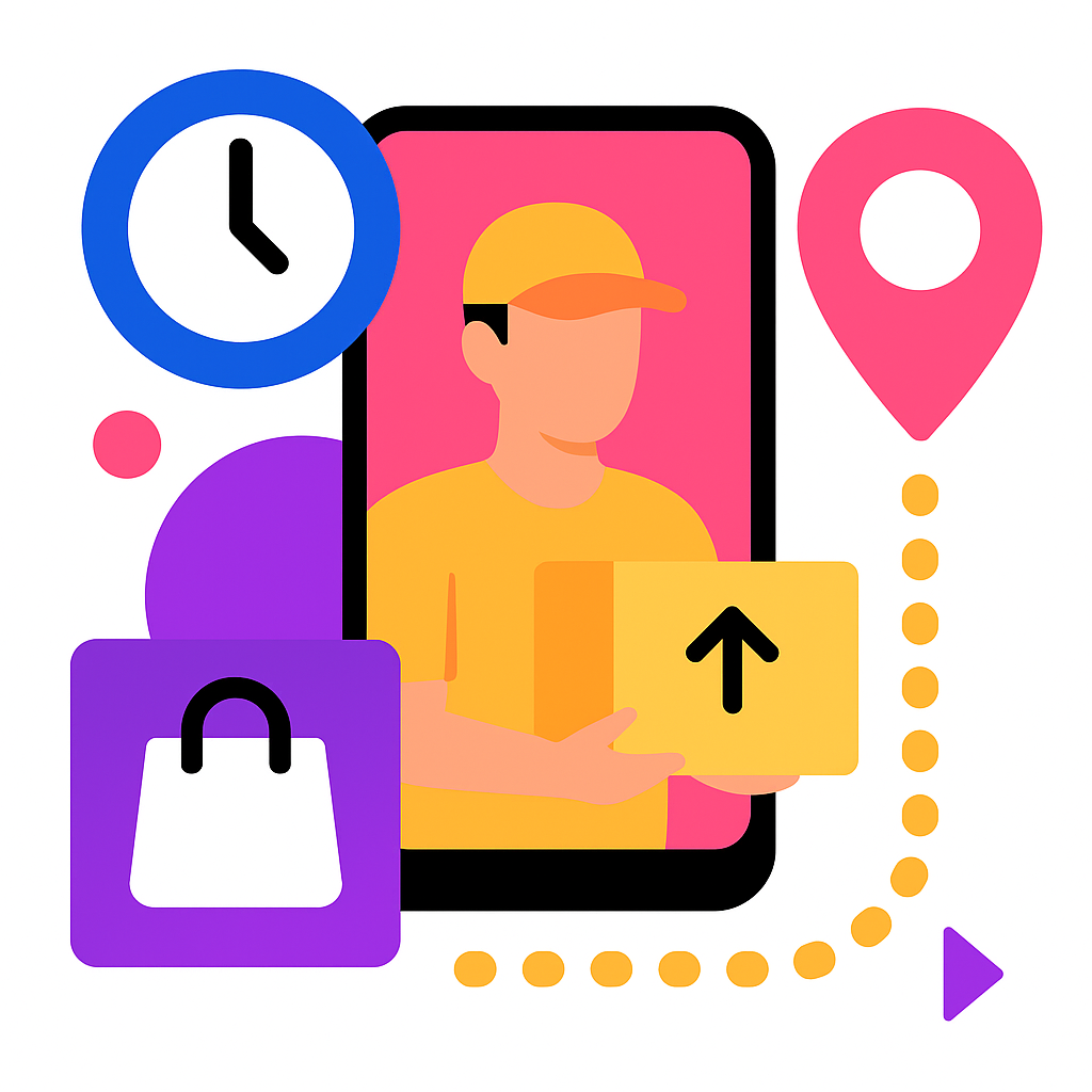 A delivery man is holding a box in front of a cell phone.