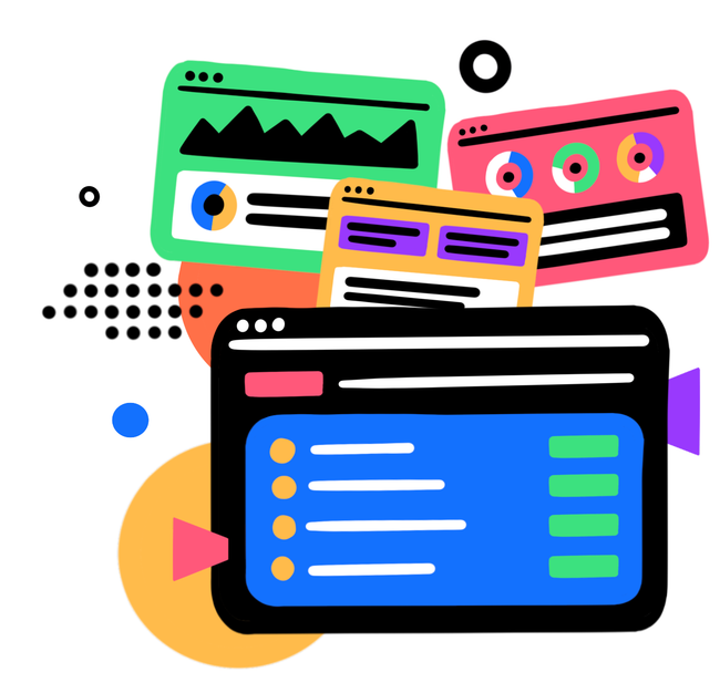 A cartoon illustration of a computer screen surrounded by colorful icons.