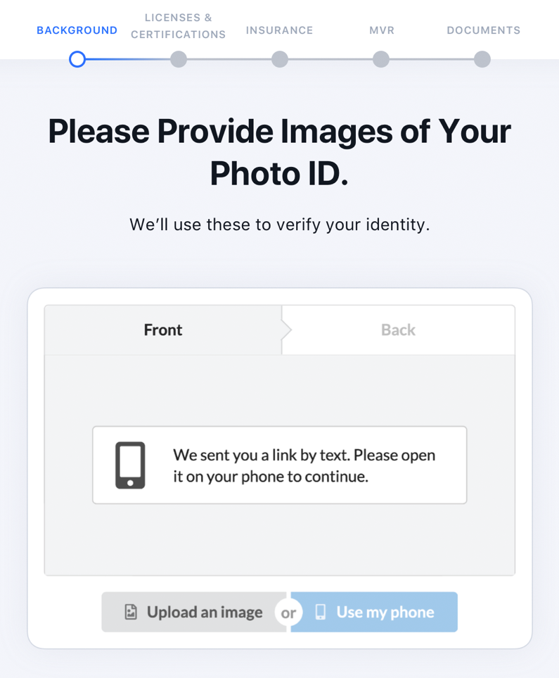 A screenshot of a website asking you to provide images of your photo id.