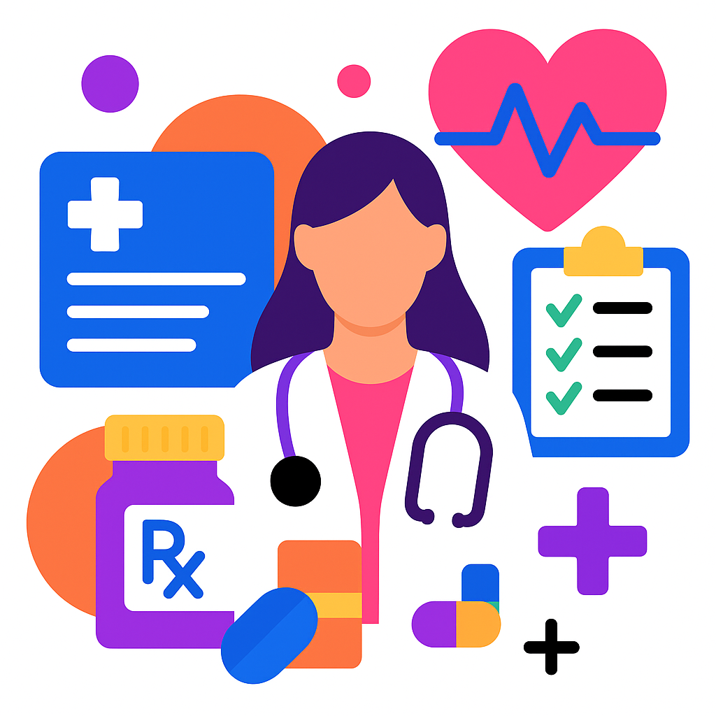 A female doctor with a stethoscope around her neck is surrounded by medical icons.