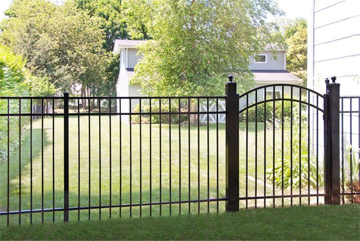 A black metal fence surrounds a lush green yard.