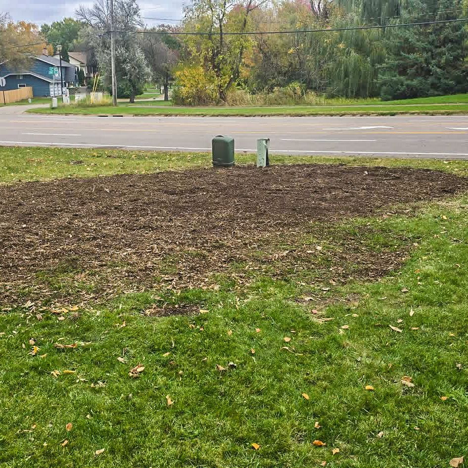 Mulched roadside verge with two utility boxes beside a street and grassy lawn in autumn.
