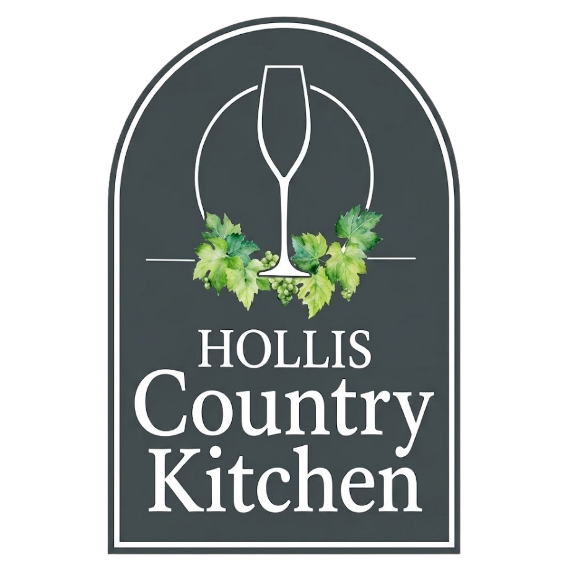 Logo for Hollis Country Kitchen featuring a tan chef hat icon over a dark green semi-circle and white serif text.