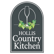 Logo for Hollis Country Kitchen featuring a yellow chef's hat outline over a green semi-circle on a white background.