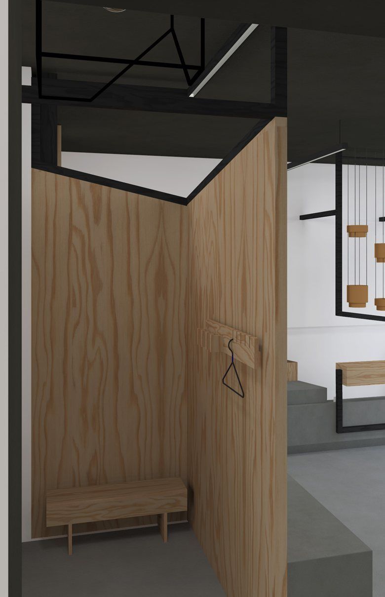 Douglas Fir Plywood wall dividers in a clothing shop