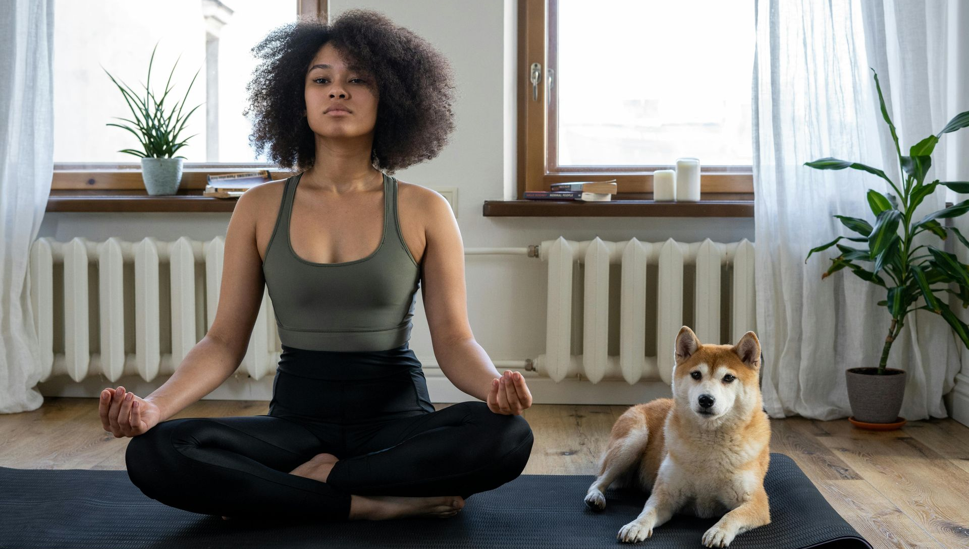 Woman in yoga pose on mat with dog, indoors.