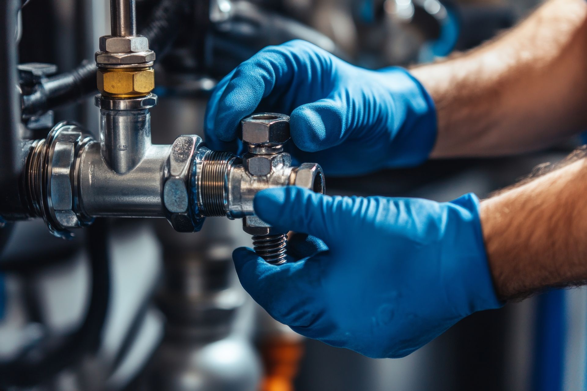 Close-up of a technician performing precise plumbing services on a complex residential valve.