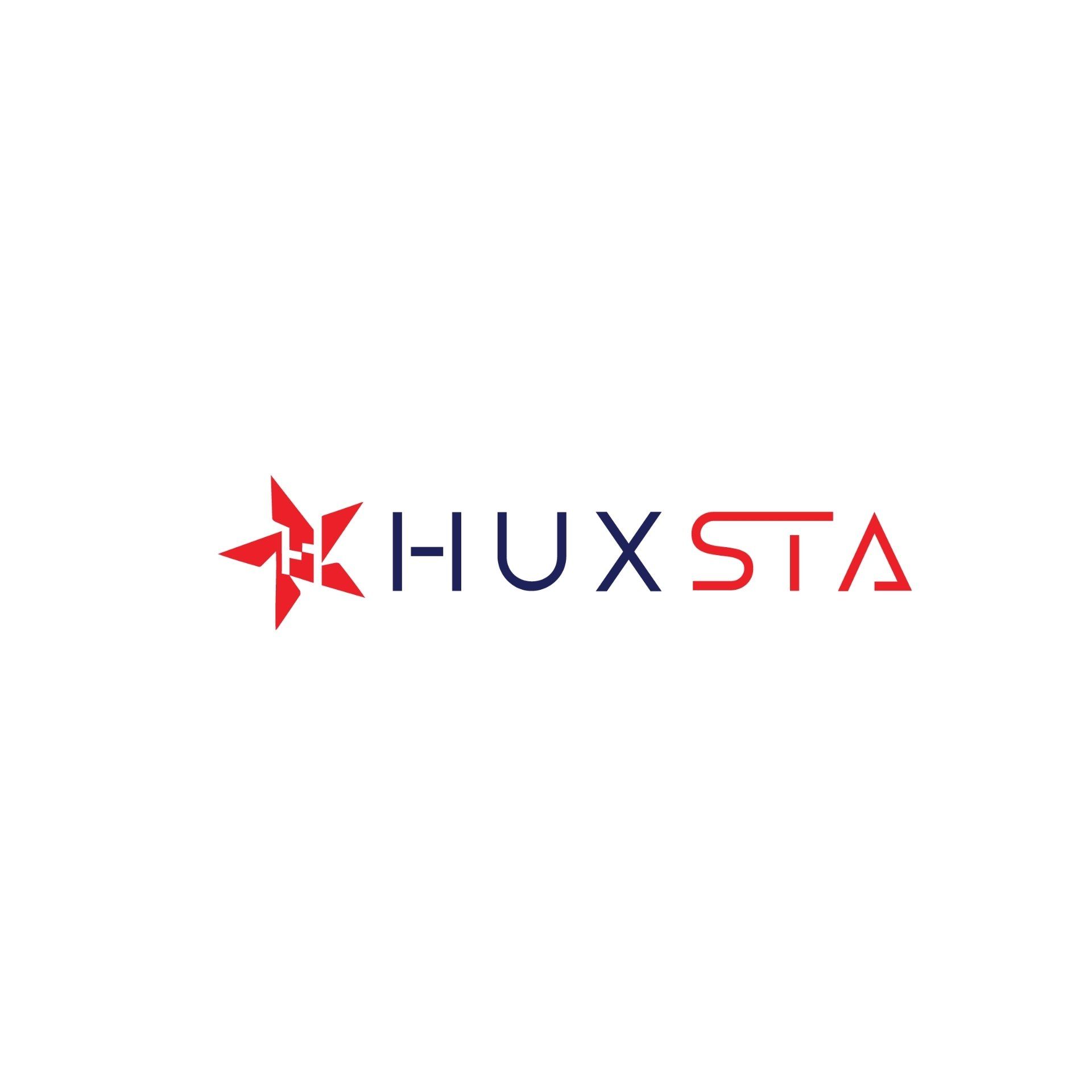 A red and white logo for a company called huxsta