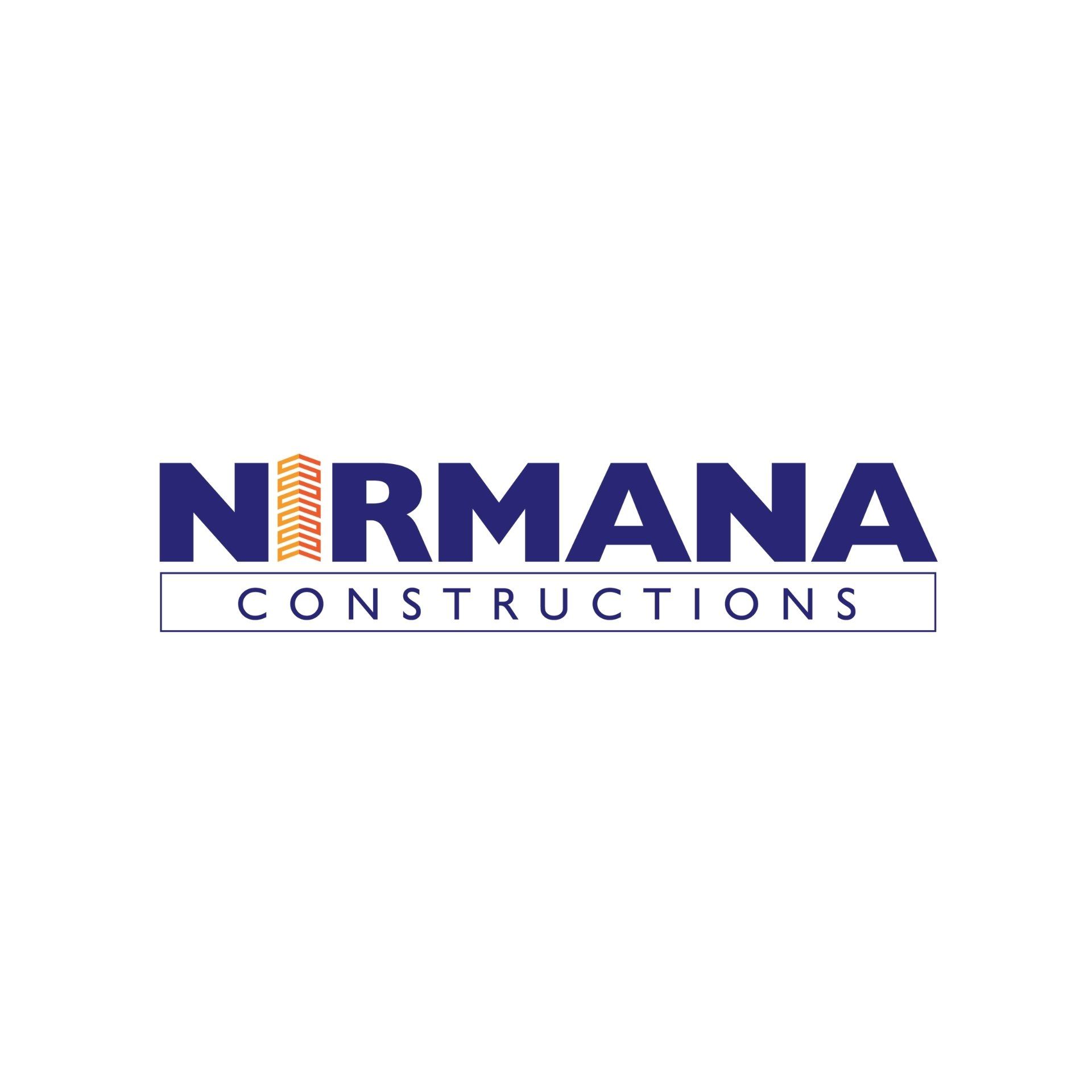 A blue and orange logo for nirmana constructions