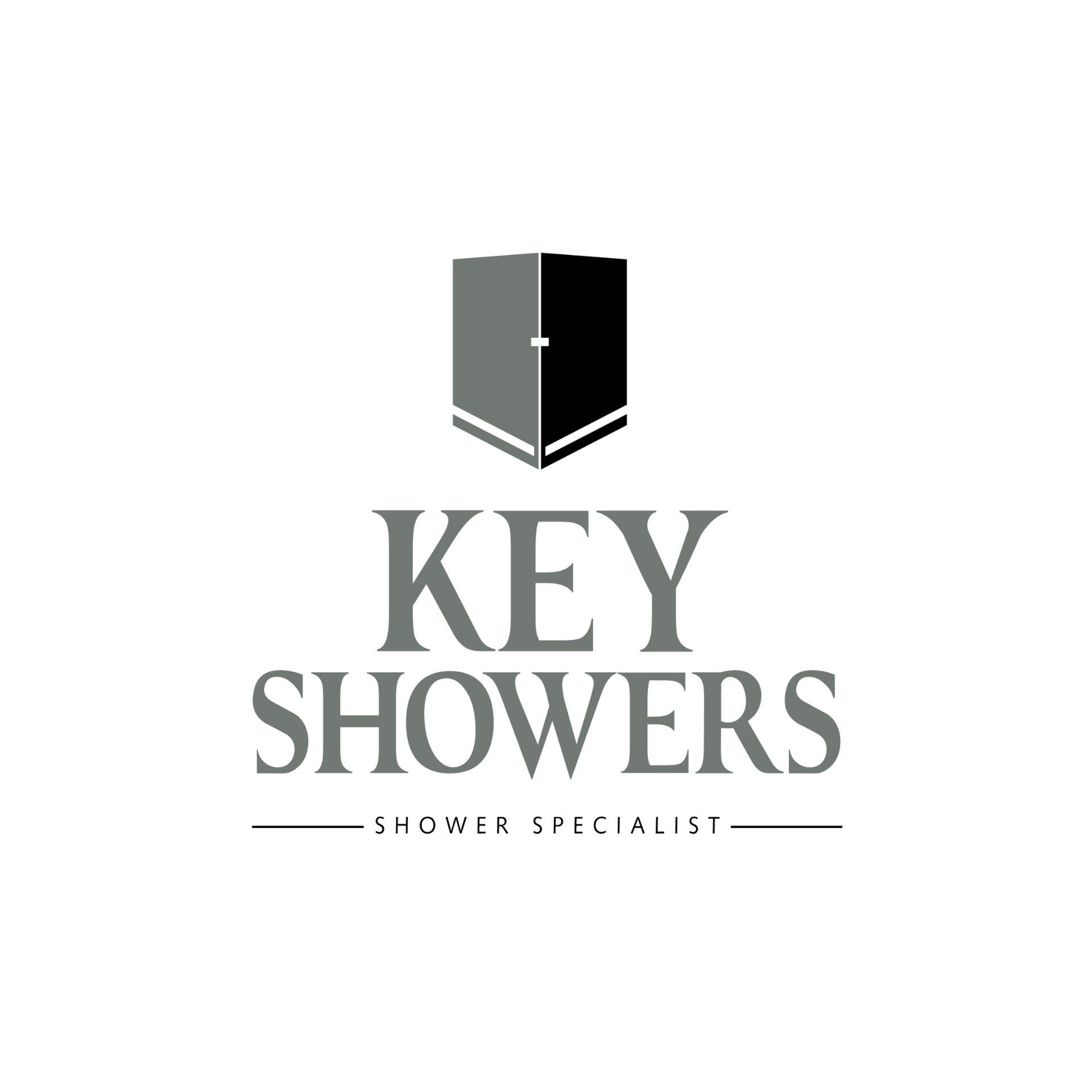 A black and white logo for key showers on a white background.