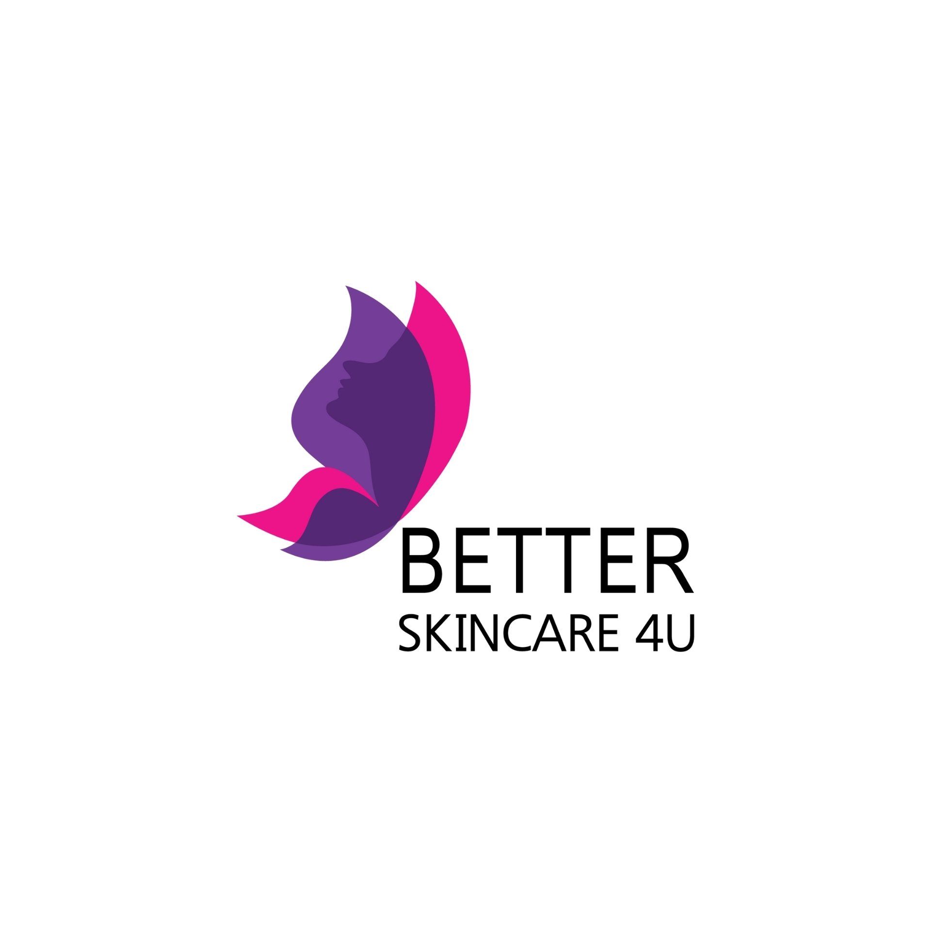 A logo for better skincare 4u with a purple and pink butterfly