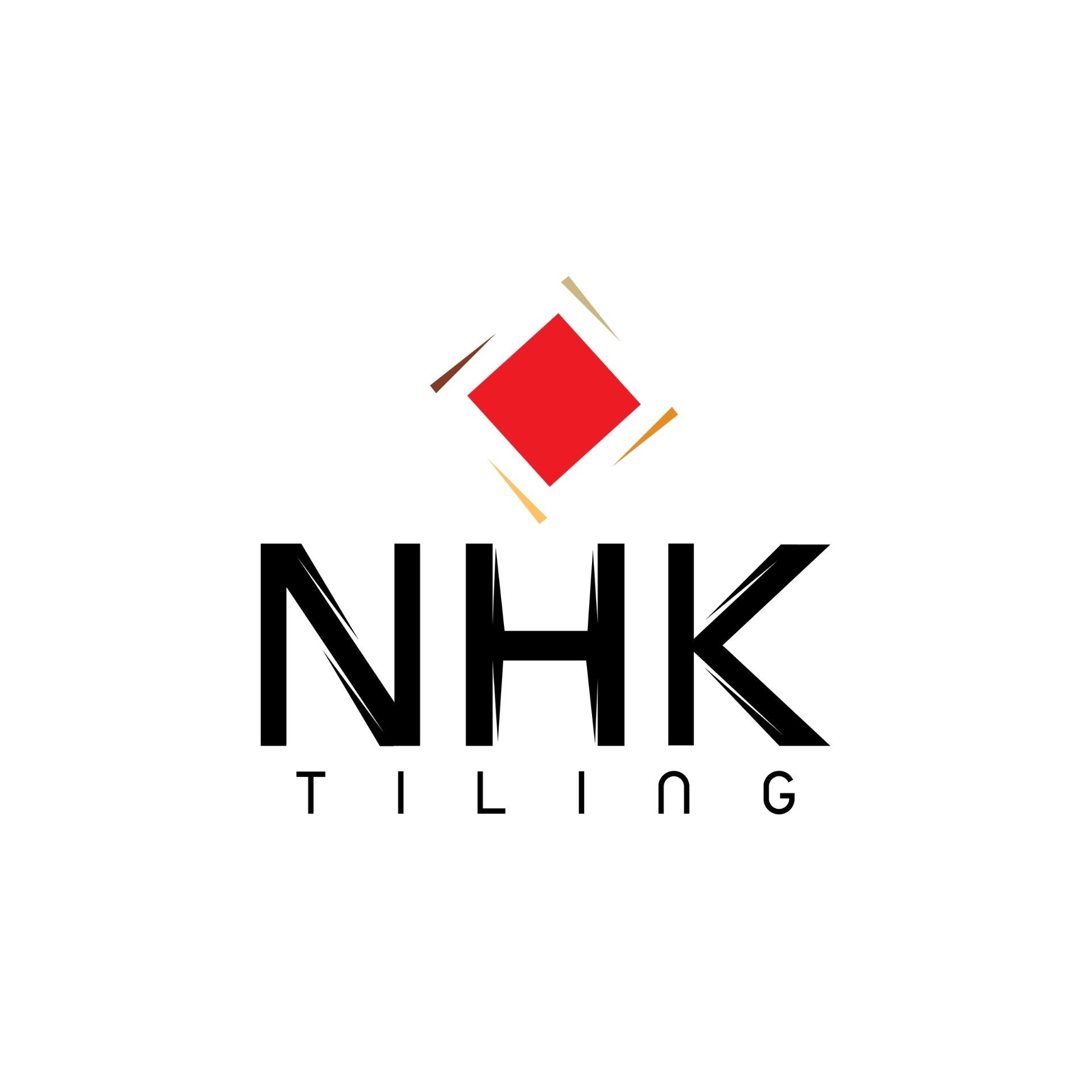 A logo for nhk tiling with a red square in the middle