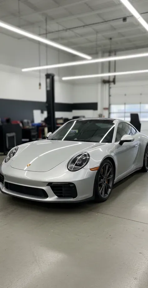 Silver Porsche 911 coupe in a garage, parked on a grey concrete floor under white fluorescent lights.