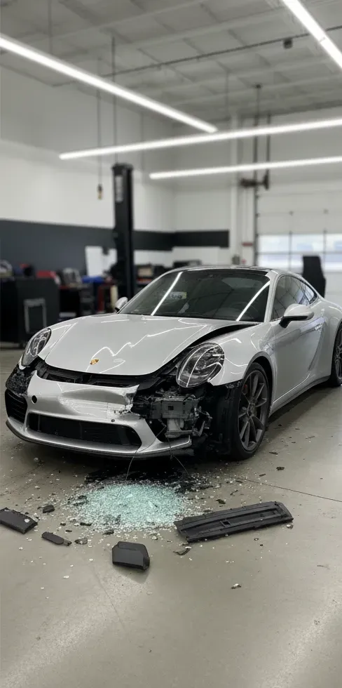 A silver Porsche has front-end damage in an auto repair shop. Glass shards litter the floor.