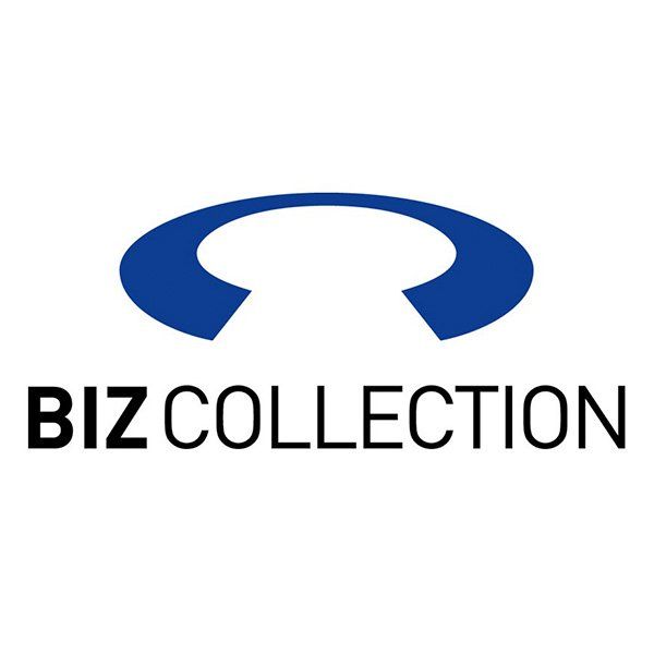 A blue and white biz collection logo on a white background.