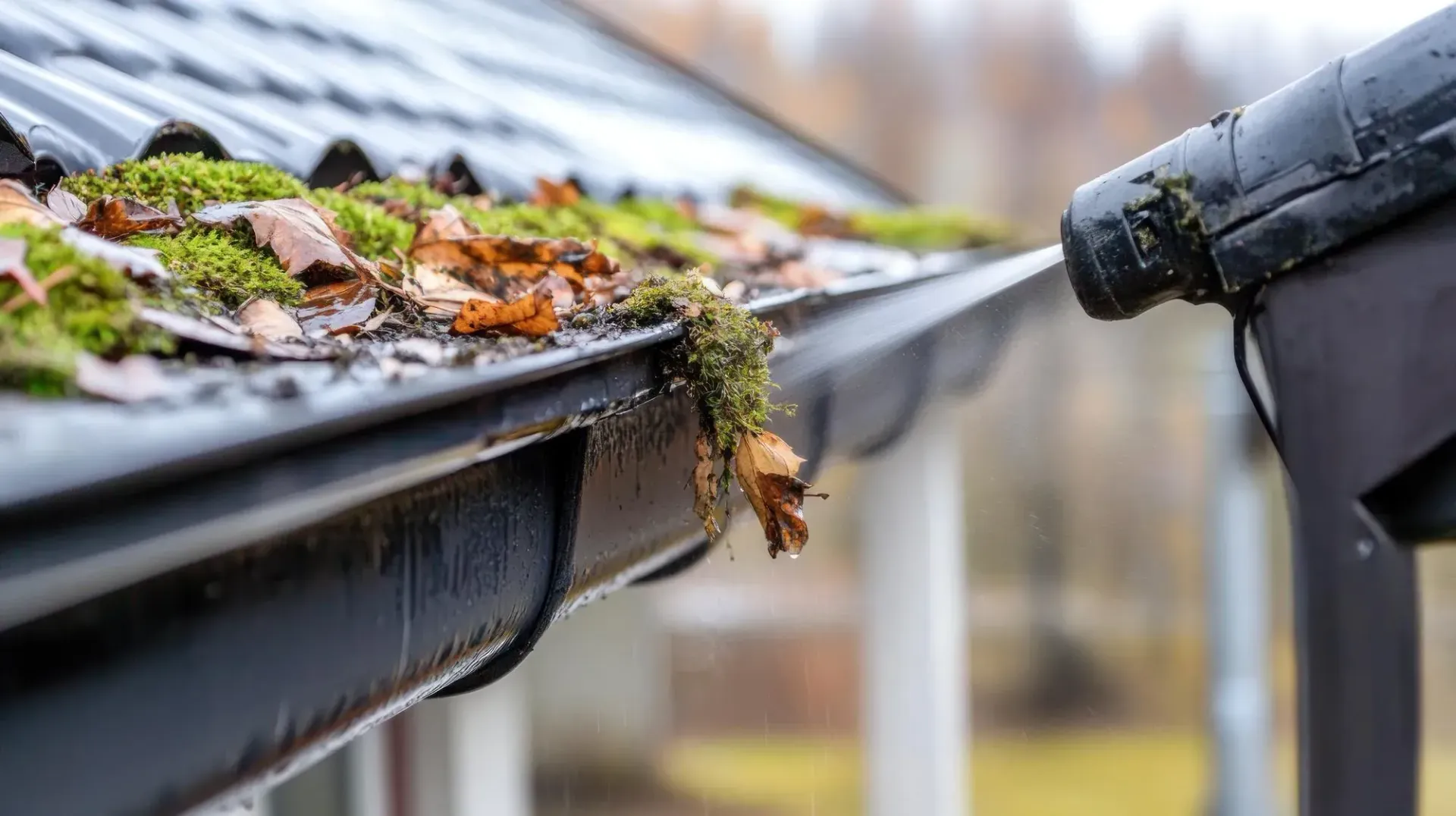 A close up of a gutter getting cleaned with moss and leaves on it.