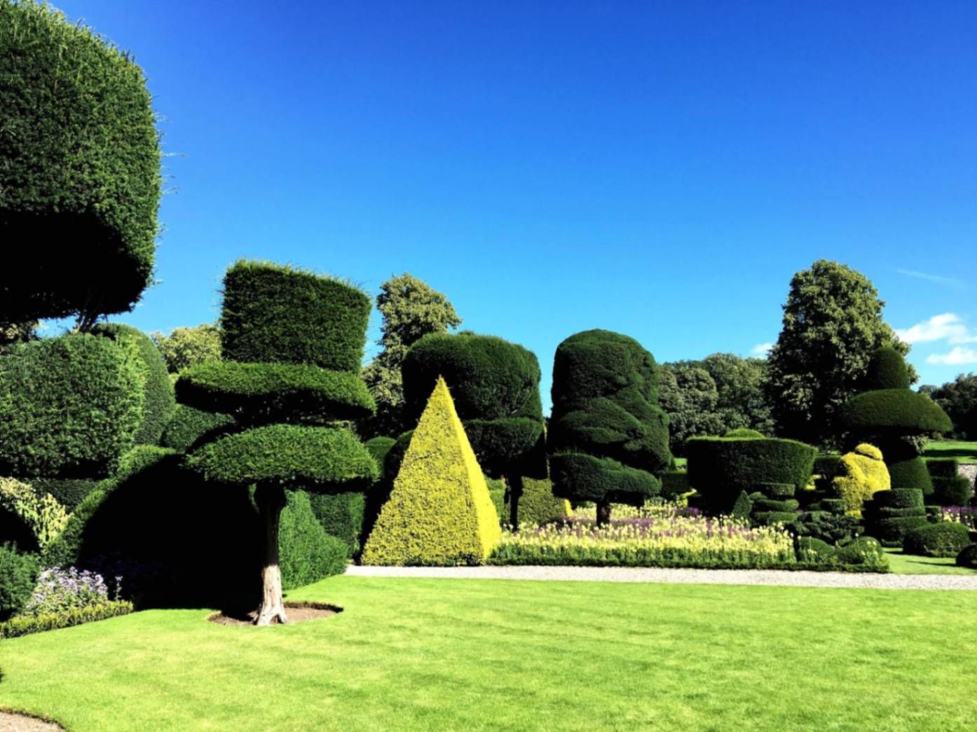 Hedging a lush green garden with a pyramid in the middle