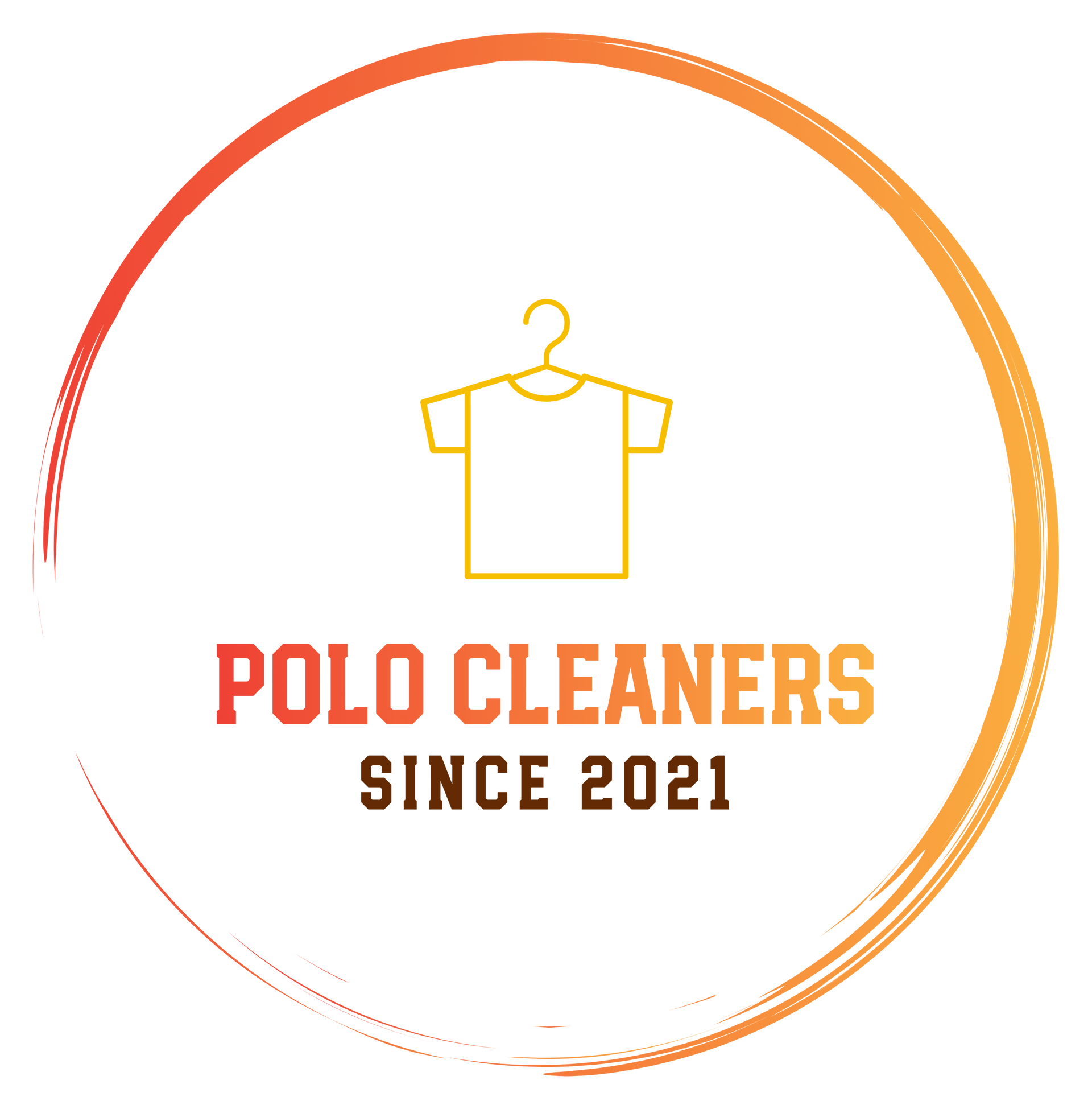 Logo for Polo Cleaners featuring a yellow outline of a shirt on a hanger inside an orange circle.