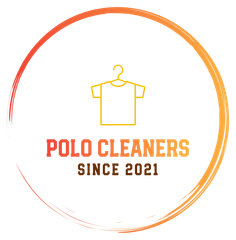 Logo for Polo Cleaners featuring a yellow outline of a shirt on a hanger inside an orange circle.
