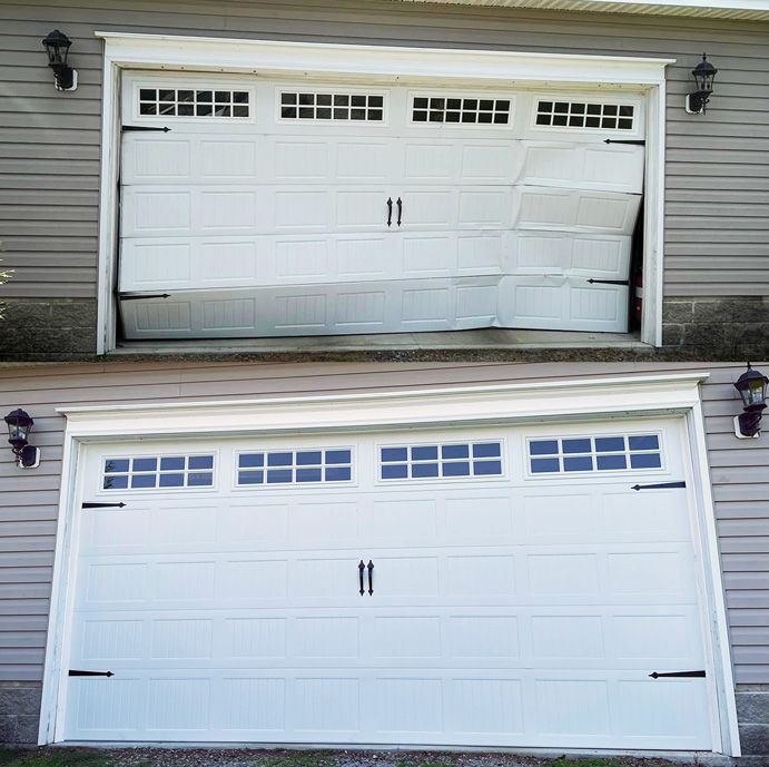 A before and after picture of a garage door that is open and closed.