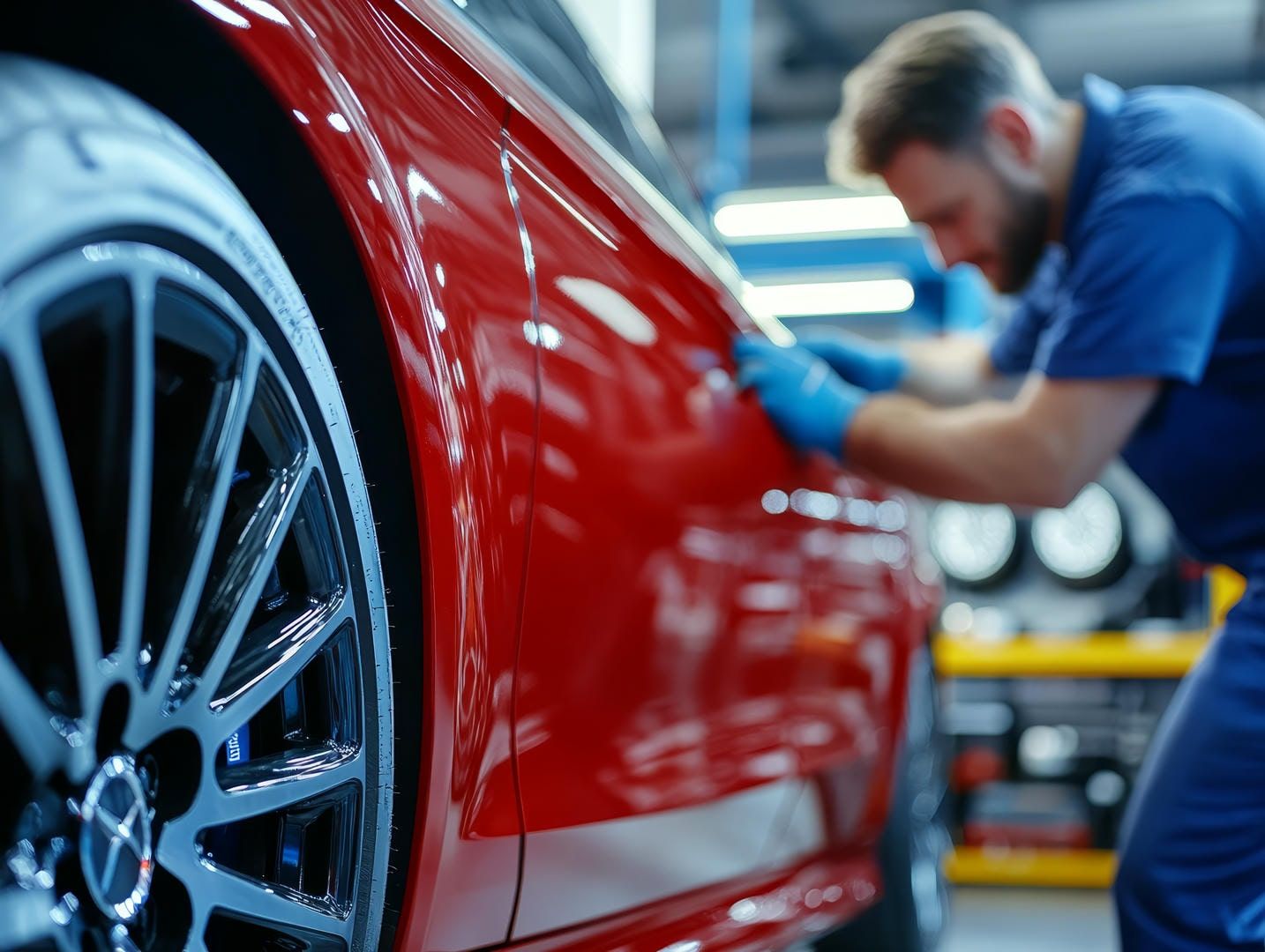 A man is working on a red car in a garage.